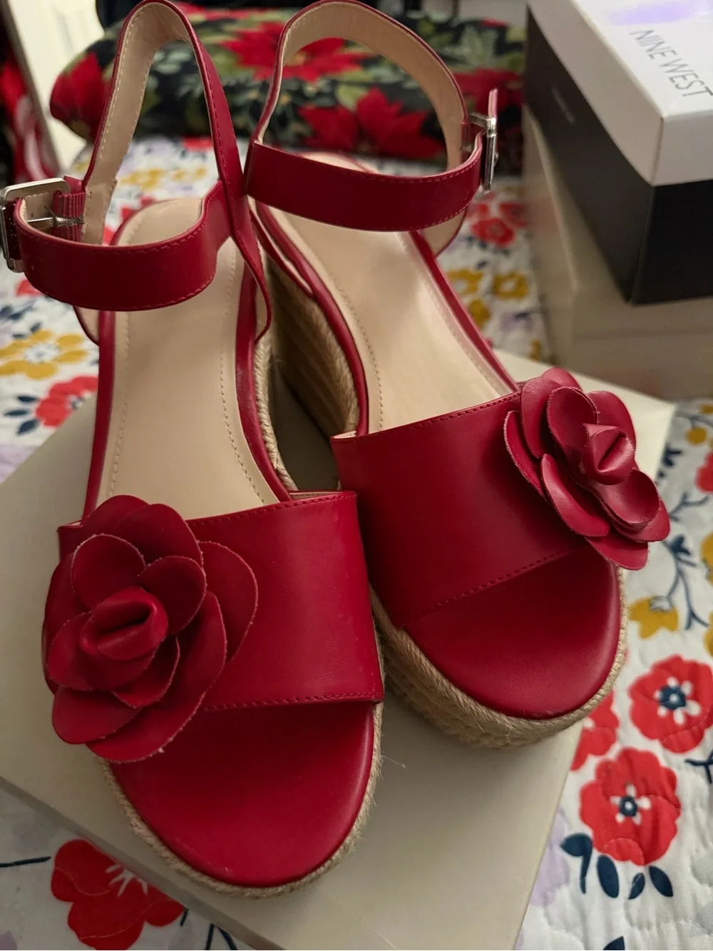 Marc Fisher Red Floral Leather Espadrille Wedges